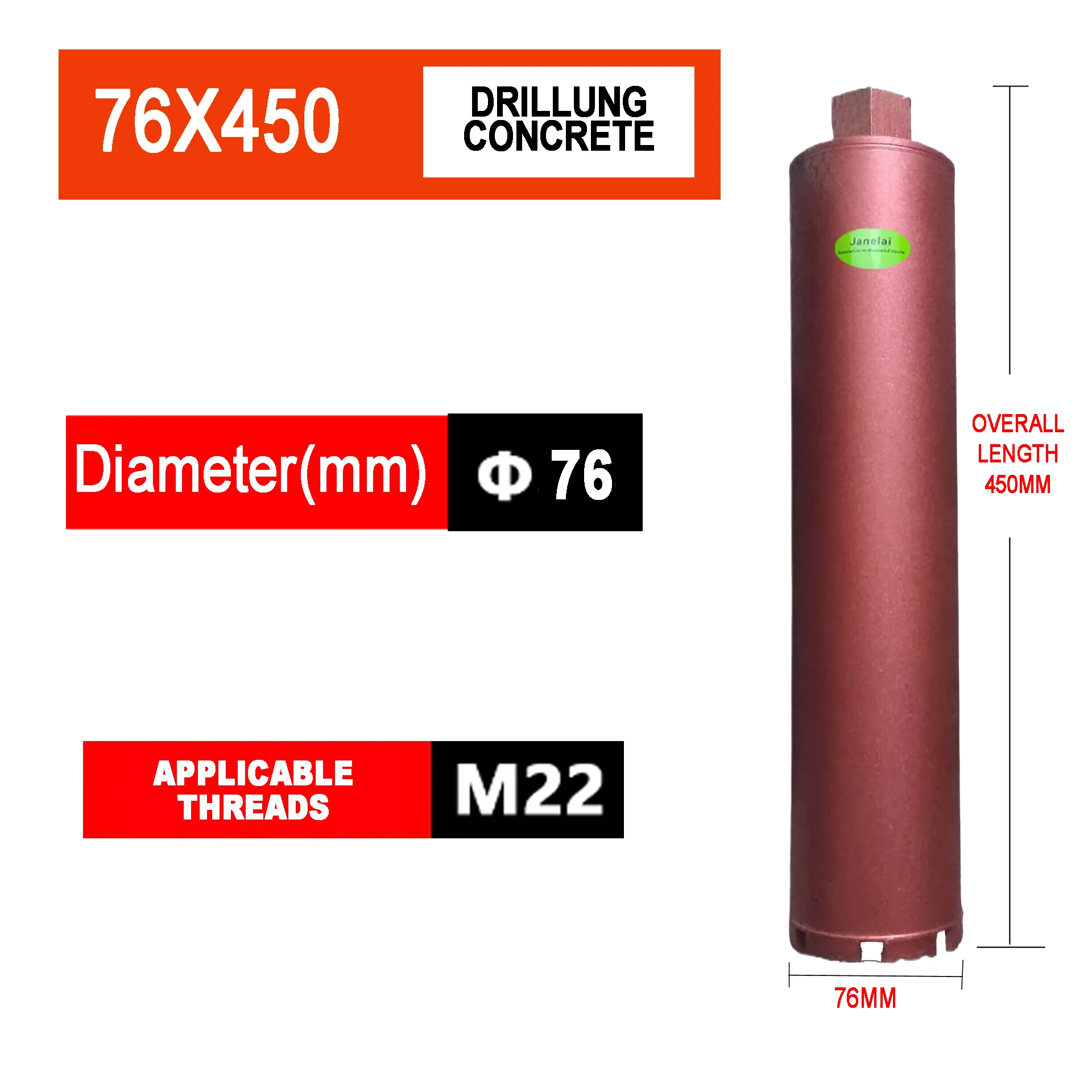 Janelai Diameter Range 76x450mm Length Diamond Hole Saw Core Bit Deep hole drill For Drilling Holes On Concrete/Brick Wall
Janelai Diameter Range 76x450mm Length Diamond Hole Saw Core Bit Deep hole drill For Drilling Holes On Concrete/Brick Wall