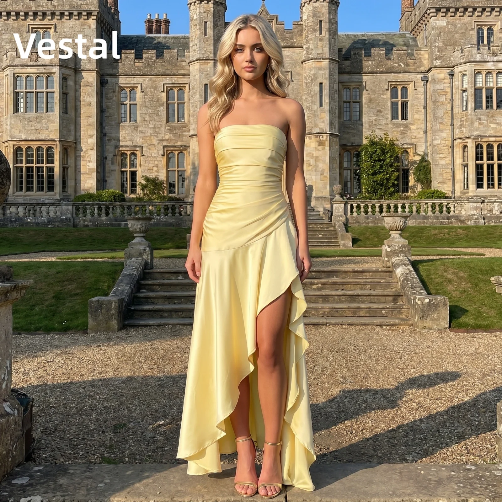 Yellow Strapless Satin Prom Dress Ruched Asymmetrical High Slit Evening Party Gown Cocktail Customized
Yellow Strapless Satin Prom Dress Ruched Asymmetrical High Slit Evening Party Gown Cocktail Customized