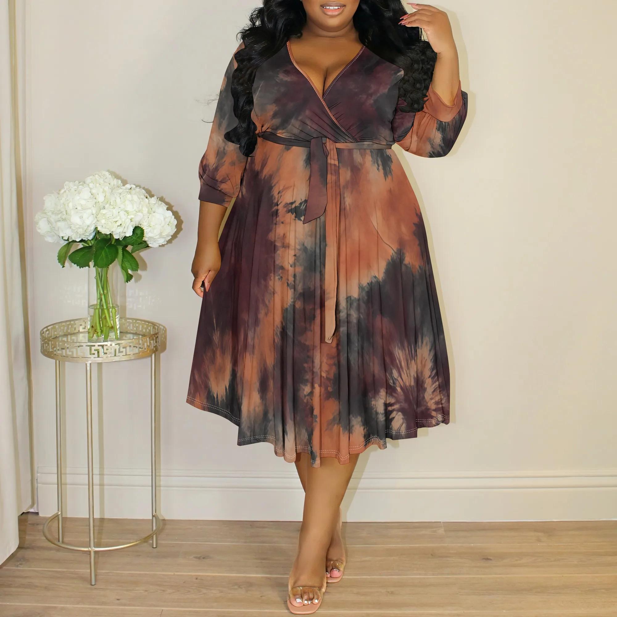 Plus Size Brown Tie Dye Midi Dress XL-6XL V-Neck Wrap A-Line 3/4 Sleeve Style for Juneteenth or Fall Cultural Festival Look
Plus Size Brown Tie Dye Midi Dress XL-6XL V-Neck Wrap A-Line 3/4 Sleeve Style for Juneteenth or Fall Cultural Festival Look