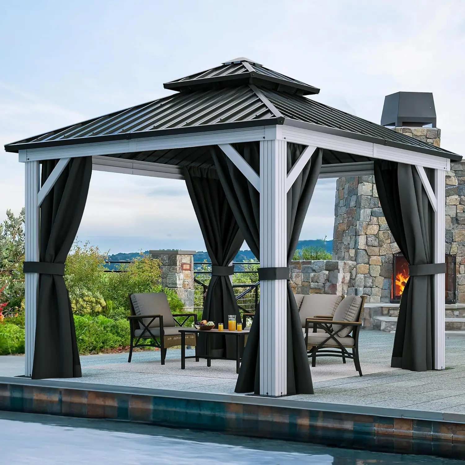 White Gazebo 10x10ft Hardtop Double Roof Canopy Galvanized Iron Aluminum Frame Outdoor Gazebo with Netting
White Gazebo 10x10ft Hardtop Double Roof Canopy Galvanized Iron Aluminum Frame Outdoor Gazebo with Netting
