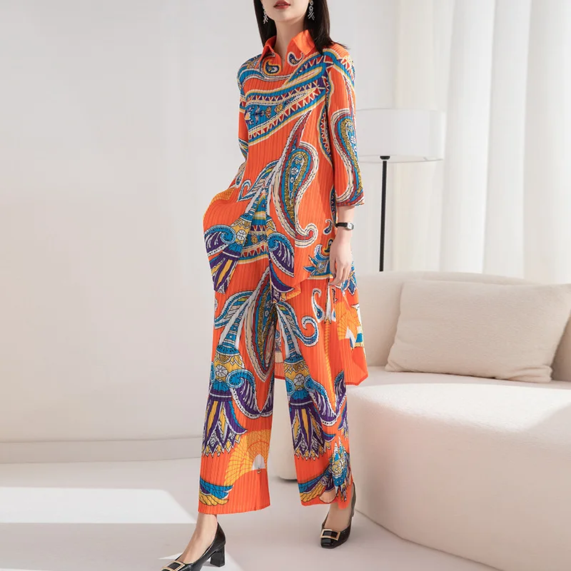 Fashion Women's Summer Trouser Suit Turn Down Collar Ethnic Style Print Split Top + Straight Pants 2Pcs Casual Female Streetwear
Fashion Women's Summer Trouser Suit Turn Down Collar Ethnic Style Print Split Top + Straight Pants 2Pcs Casual Female Streetwear