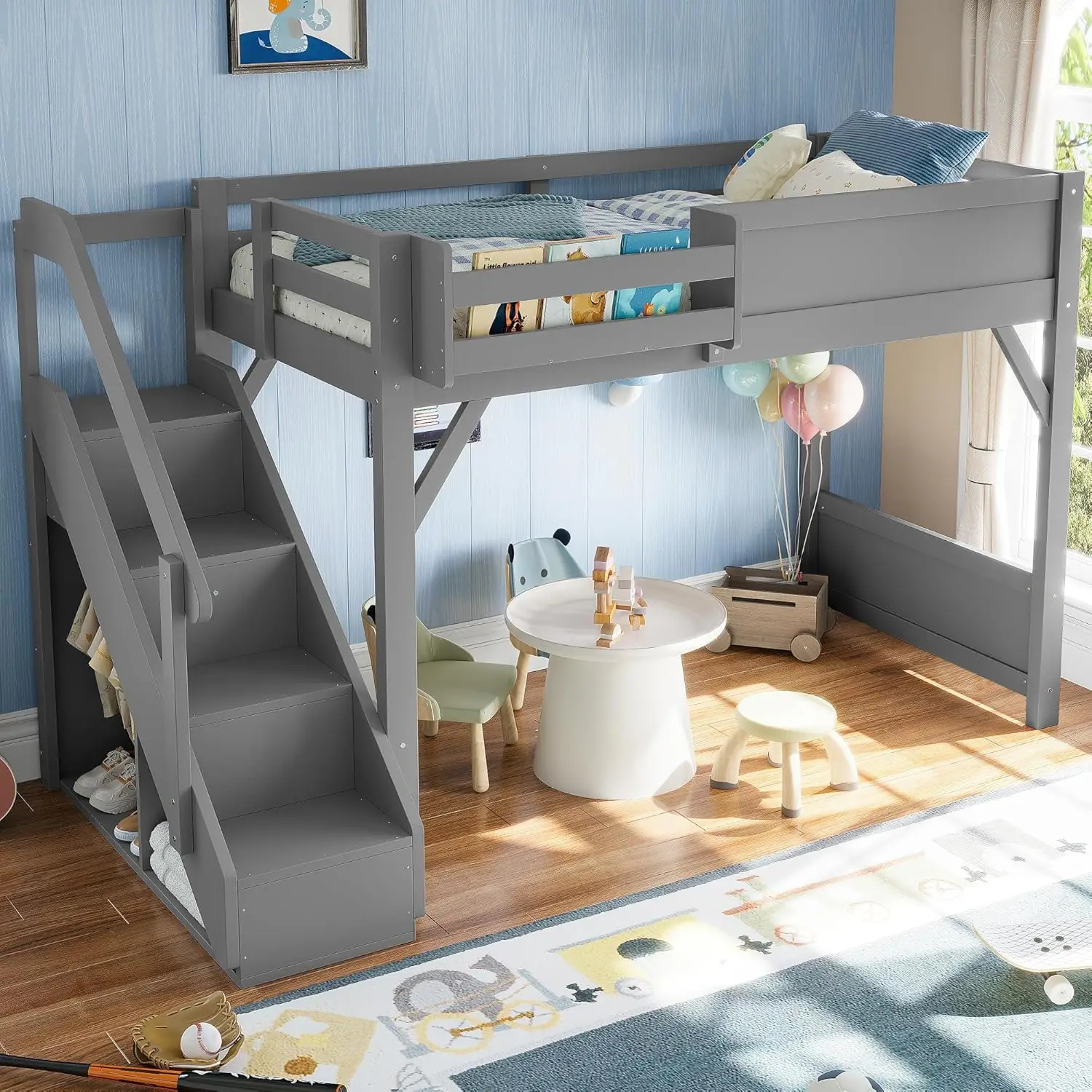 Twin Size Loft Bed with Storage Stairs, Wood Loft Bed Frame with Small Wardrobe and Bedside Shelves, Space-Saving, Customized
Twin Size Loft Bed with Storage Stairs, Wood Loft Bed Frame with Small Wardrobe and Bedside Shelves, Space-Saving, Customized