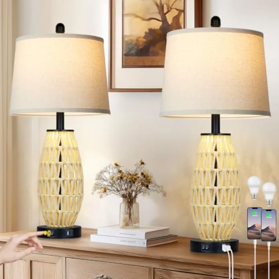 27" Lamps with Night Light, Coastal Bedside Table Lamps Set of 2, Woven Wicker Bedroom Nightstand Lamp with USB A+C Charging Po
27" Lamps with Night Light, Coastal Bedside Table Lamps Set of 2, Woven Wicker Bedroom Nightstand Lamp with USB A+C Charging Po