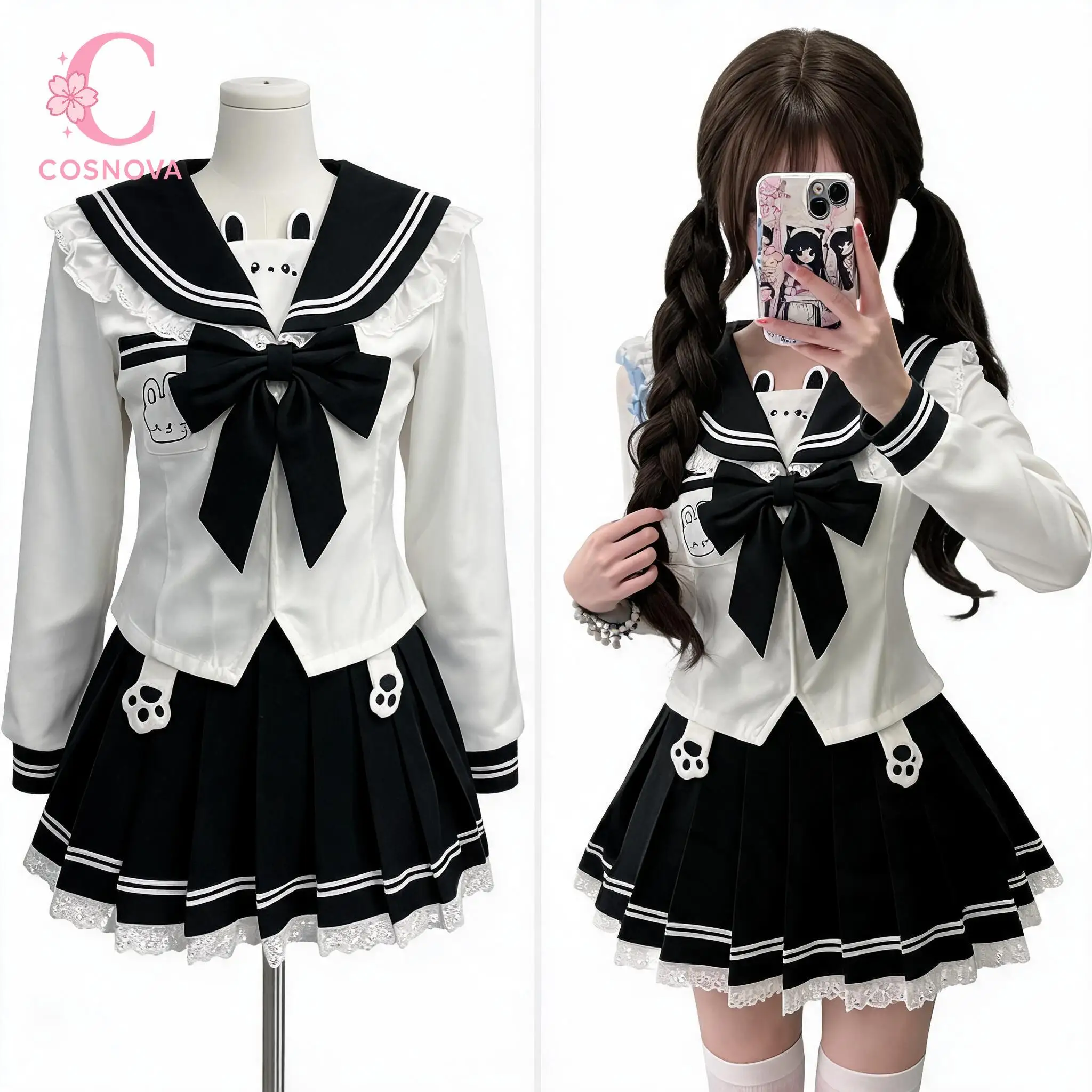Japanese Kawaii Cute Black White Rabbit Bow Lace JK Uniform 2 Piece Set Women Long Sleeve Pleated Skirt Daily Wear Cosplay Outfi
Japanese Kawaii Cute Black White Rabbit Bow Lace JK Uniform 2 Piece Set Women Long Sleeve Pleated Skirt Daily Wear Cosplay Outfi