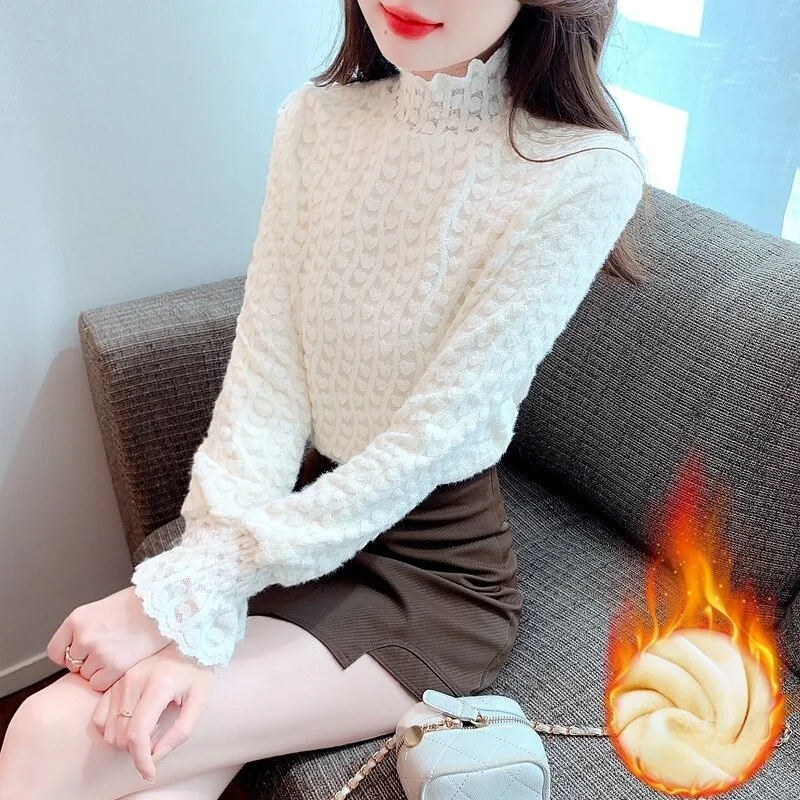 Women's Lace Hollow out Bell Sleeve Fleece Lined Thickened Base Shirt Half High Collar Inner Wear Fashionable Autumn Winter N...
Women's Lace Hollow out Bell Sleeve Fleece Lined Thickened Base Shirt Half High Collar Inner Wear Fashionable Autumn Winter N...