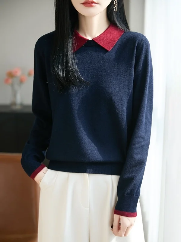 French Style Long Sleeve Neck Knitted Wool Sweater Women's Fashionable Youthful Base Layer Shirt Color Block Two-Piece Look
French Style Long Sleeve Neck Knitted Wool Sweater Women's Fashionable Youthful Base Layer Shirt Color Block Two-Piece Look