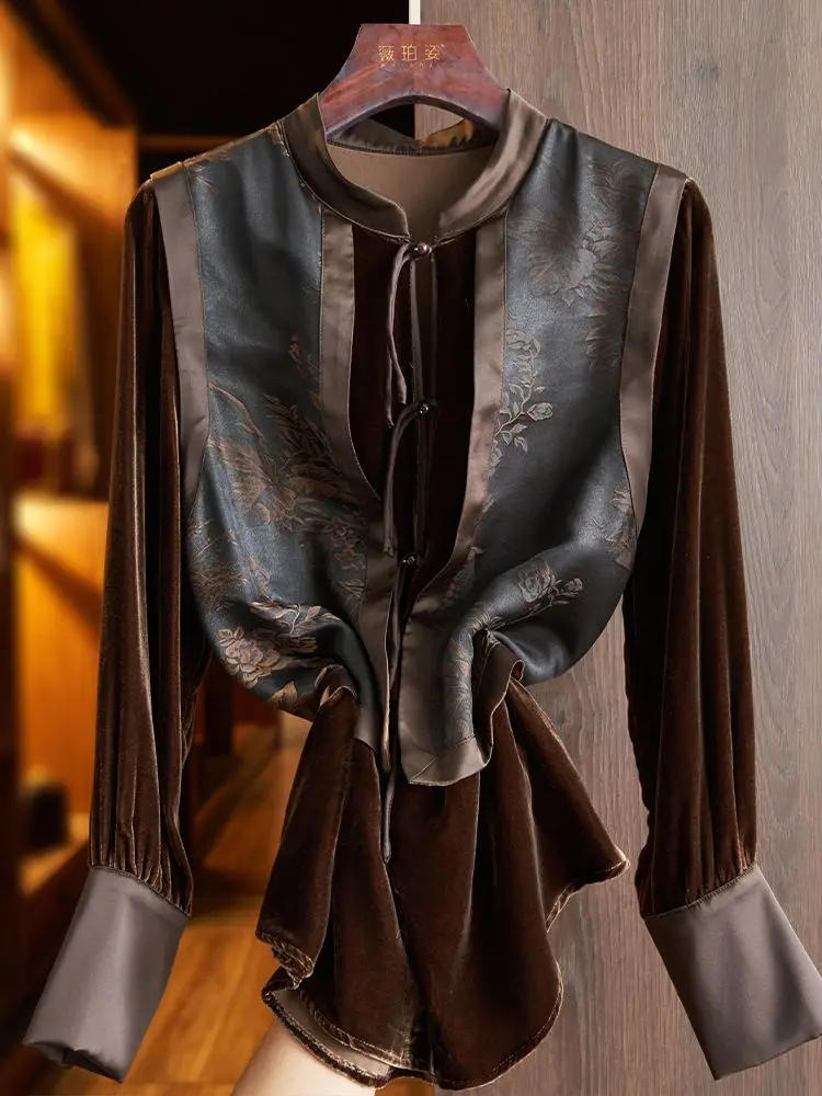 Vintage Print Long Sleeve Shirt Women Spring Autumn O-neck Single Breasted Blouses New Chinese Style Gold Velvet Tops Mujer
Vintage Print Long Sleeve Shirt Women Spring Autumn O-neck Single Breasted Blouses New Chinese Style Gold Velvet Tops Mujer