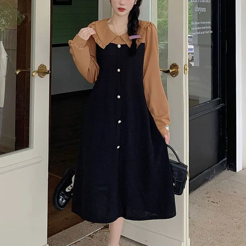 Fake Two Pieces Patchwork Dresses Spring Autumn Doll Collar Female Clothing French Style Sweet A-Line Chic Drawstring Midi Dress
Fake Two Pieces Patchwork Dresses Spring Autumn Doll Collar Female Clothing French Style Sweet A-Line Chic Drawstring Midi Dress