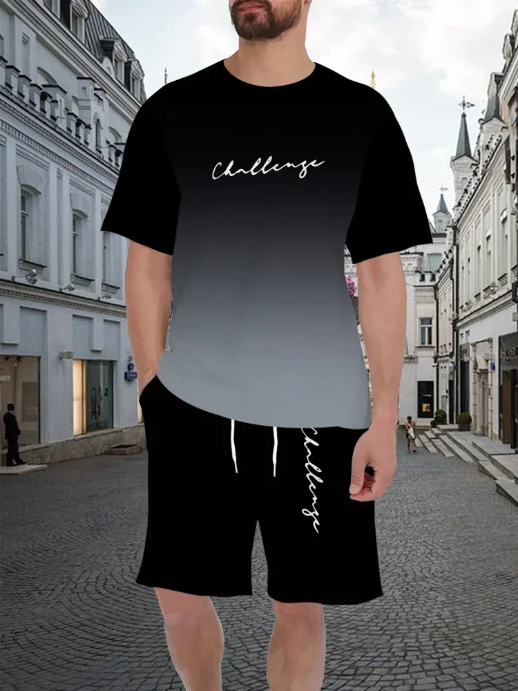 Mens Summer Casual 3D Printed T-Shirt and Shorts Set Gradient Letter Pattern Sporty Two-Piece Set Urban Fashion Casual Trend Set
Mens Summer Casual 3D Printed T-Shirt and Shorts Set Gradient Letter Pattern Sporty Two-Piece Set Urban Fashion Casual Trend Set