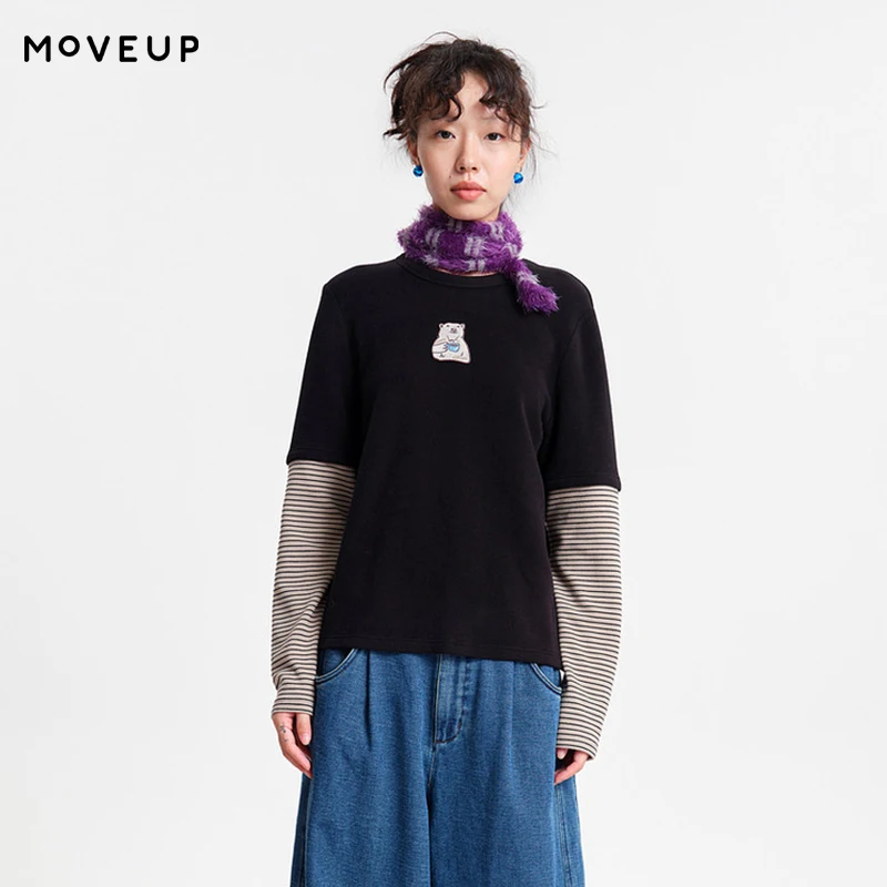 MOVEUP Long Sleeved Round Neck Design T-Shirt Winter Striped Patchwork Sleeves Bear Embroidery Casual Top For Women 3EWD10503
MOVEUP Long Sleeved Round Neck Design T-Shirt Winter Striped Patchwork Sleeves Bear Embroidery Casual Top For Women 3EWD10503