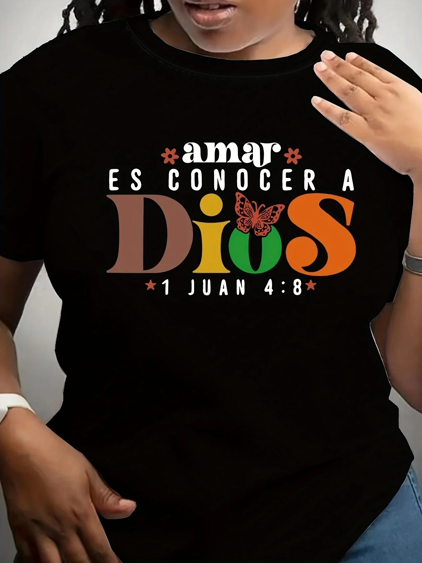 Women'S Casual Polyester T-Shirt with "Amor Es Conocer a Dios" Faith Print Short Sleeve Round Neck
Women'S Casual Polyester T-Shirt with "Amor Es Conocer a Dios" Faith Print Short Sleeve Round Neck