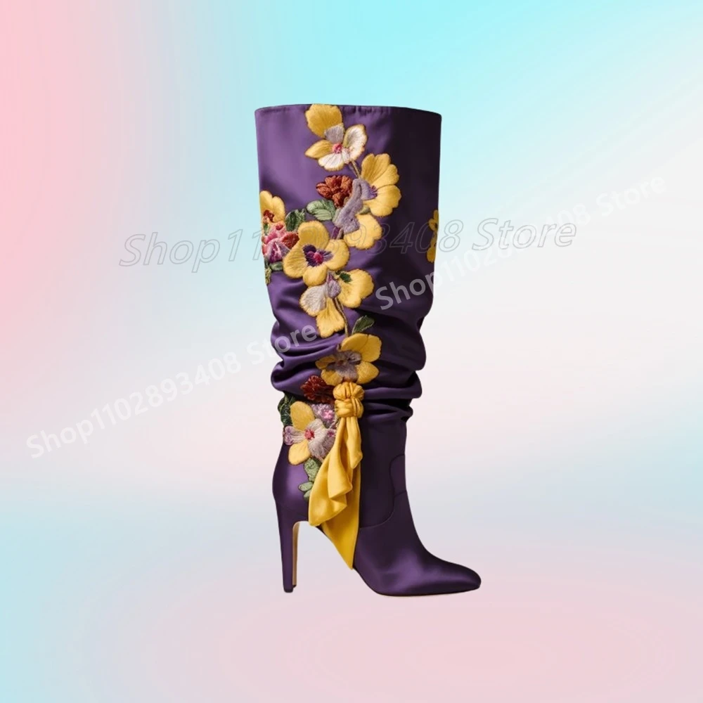 Purple Embroidery Flowers Print Mid Calf Boots Silk Stiletto High Heel Runway Style Women Shoes 2025 Spring Zapatos Para Mujere
Purple Embroidery Flowers Print Mid Calf Boots Silk Stiletto High Heel Runway Style Women Shoes 2025 Spring Zapatos Para Mujere