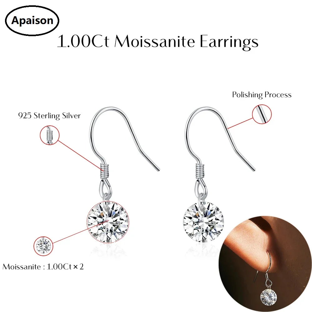 Apaison 6.5 mm 1 ct Sparkling Moissanite Hook Earrings 925 Sterling Silver Drop Earrings For Women Prom Party Jewelry Gift
Apaison 6.5 mm 1 ct Sparkling Moissanite Hook Earrings 925 Sterling Silver Drop Earrings For Women Prom Party Jewelry Gift