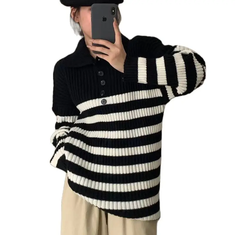 Casual Stripe Pullover 2022 New Autumn Winter Bottoming Shirt Loose Women's Sweater High Collar Button Warm Knitted Tops Female
Casual Stripe Pullover 2022 New Autumn Winter Bottoming Shirt Loose Women's Sweater High Collar Button Warm Knitted Tops Female