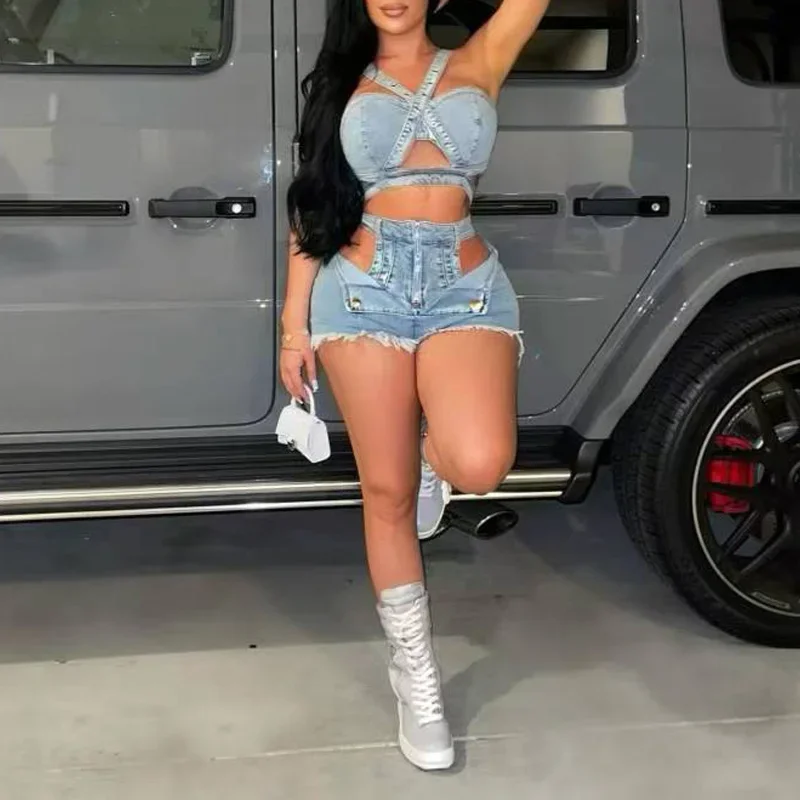 Sexy Two Piece Set Women Summer Backless Crop Jean Tank Top And Raw Hem Elastic Denim Shorts Woman Outfit 2 Piece Sets
Sexy Two Piece Set Women Summer Backless Crop Jean Tank Top And Raw Hem Elastic Denim Shorts Woman Outfit 2 Piece Sets