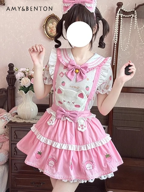 Kawaii Girl Cute Lolita Girl Strap Skirt SK Sets Summer Cartoon Print Bow Mini Dress Navy Neck Short Sleeve Top Two Piece Set
Kawaii Girl Cute Lolita Girl Strap Skirt SK Sets Summer Cartoon Print Bow Mini Dress Navy Neck Short Sleeve Top Two Piece Set