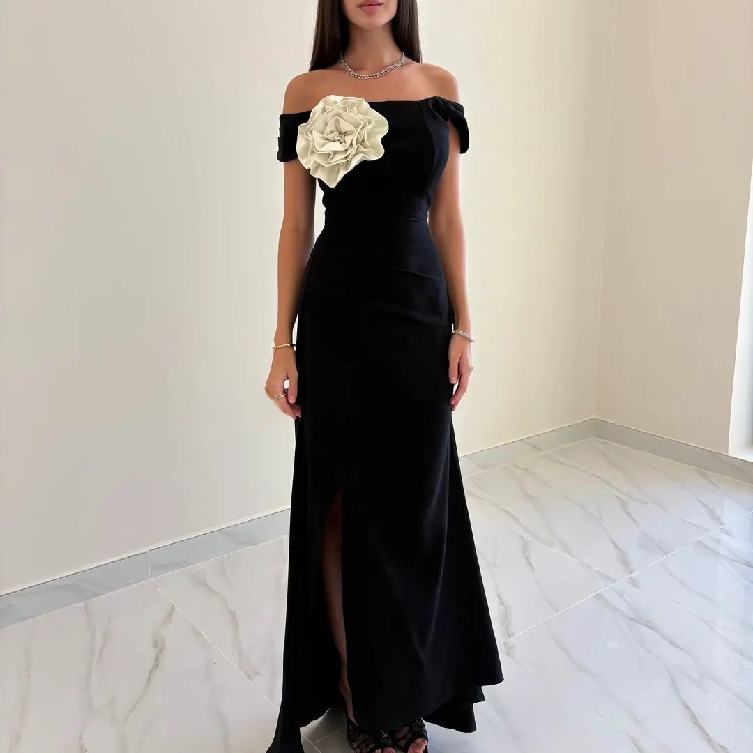 Customized Black Off The Shoulder Prom Dresses Pleated Flowers Side Split Ankle Length Evening Dresses Party Dresses
Customized Black Off The Shoulder Prom Dresses Pleated Flowers Side Split Ankle Length Evening Dresses Party Dresses