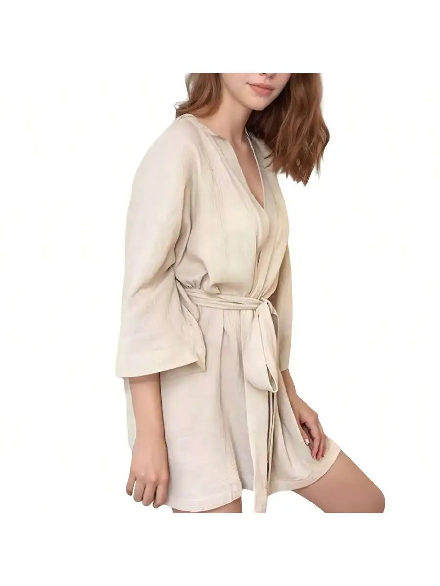 Womens Woven Textured Bathrobe With Waist Tie And Wide Sleeves
Womens Woven Textured Bathrobe With Waist Tie And Wide Sleeves