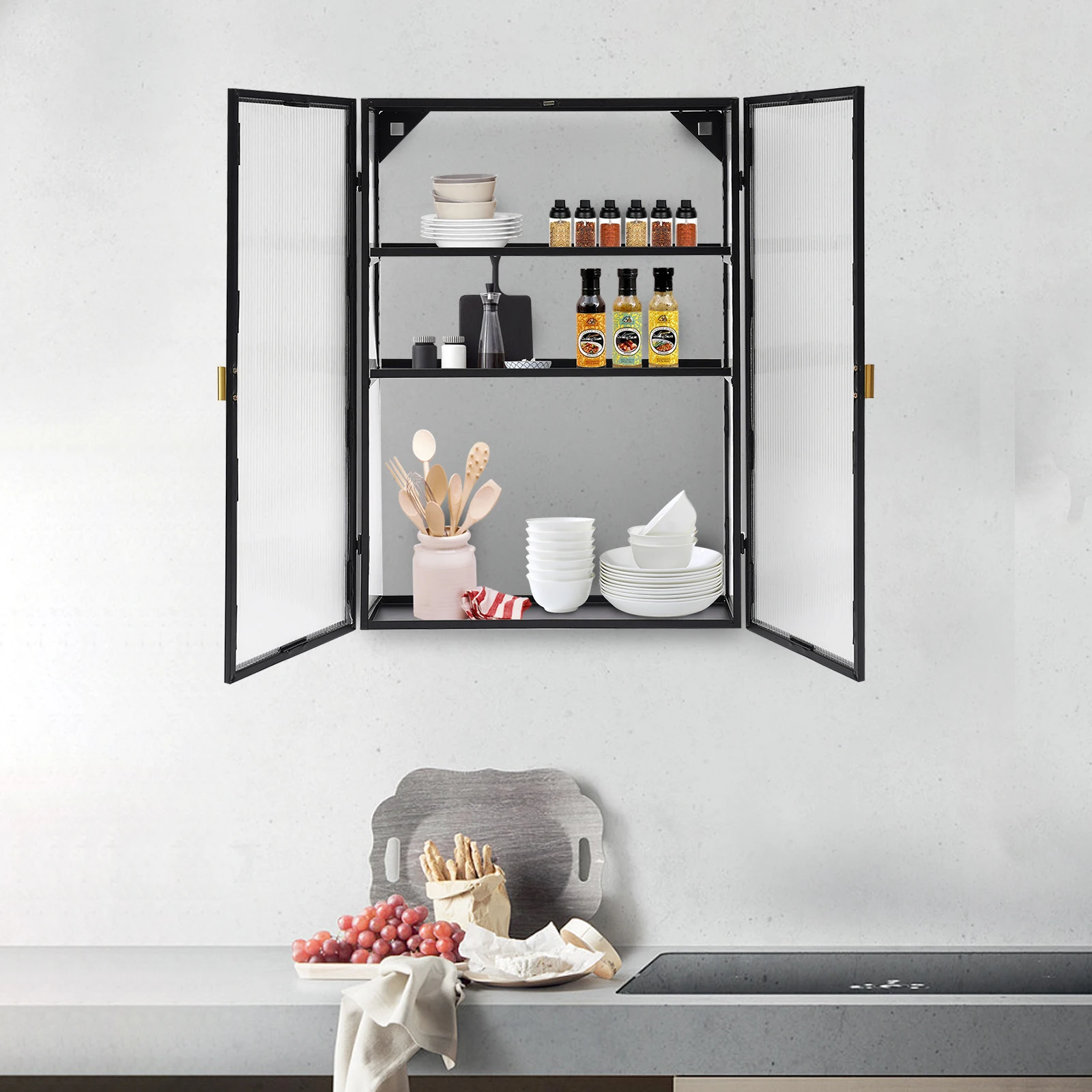 Storage Cabinet Wall Mount, 3-Tier Black Carbon Steel Cabinet with Clear Door, Two Doors, Modern Rectangular Design, Magnet
Storage Cabinet Wall Mount, 3-Tier Black Carbon Steel Cabinet with Clear Door, Two Doors, Modern Rectangular Design, Magnet