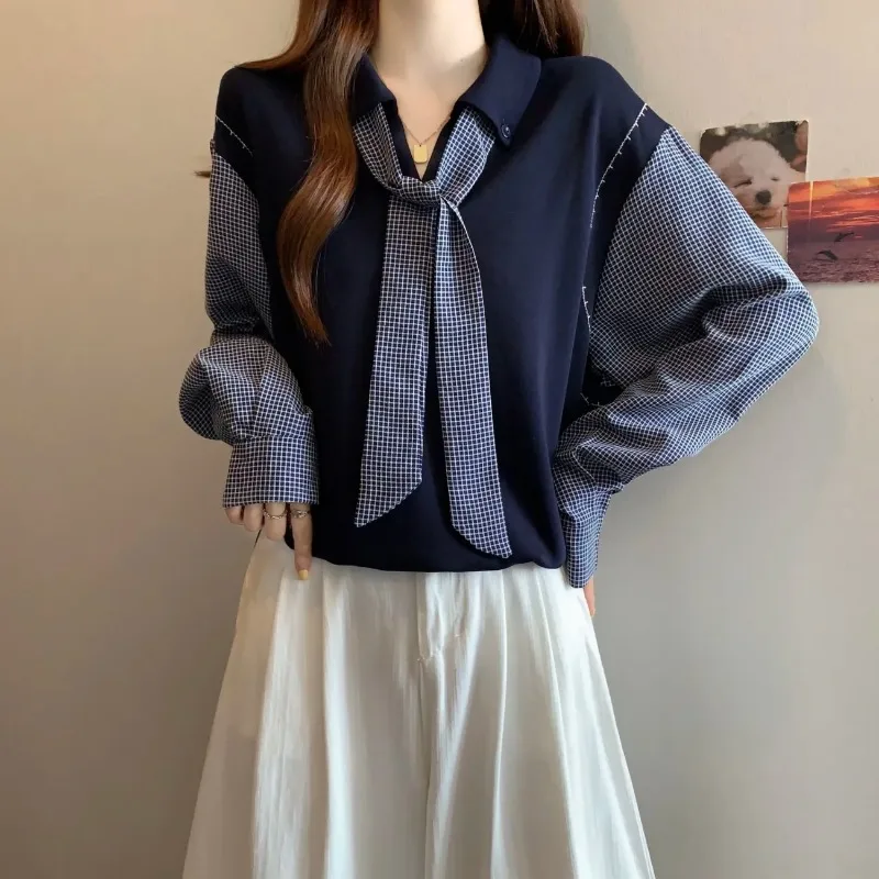 Women's Autumn Plaid Patchwork Fake Two Piece Top With Tie Polo Collar Loose Casual Long Sleeve Blouse
Women's Autumn Plaid Patchwork Fake Two Piece Top With Tie Polo Collar Loose Casual Long Sleeve Blouse