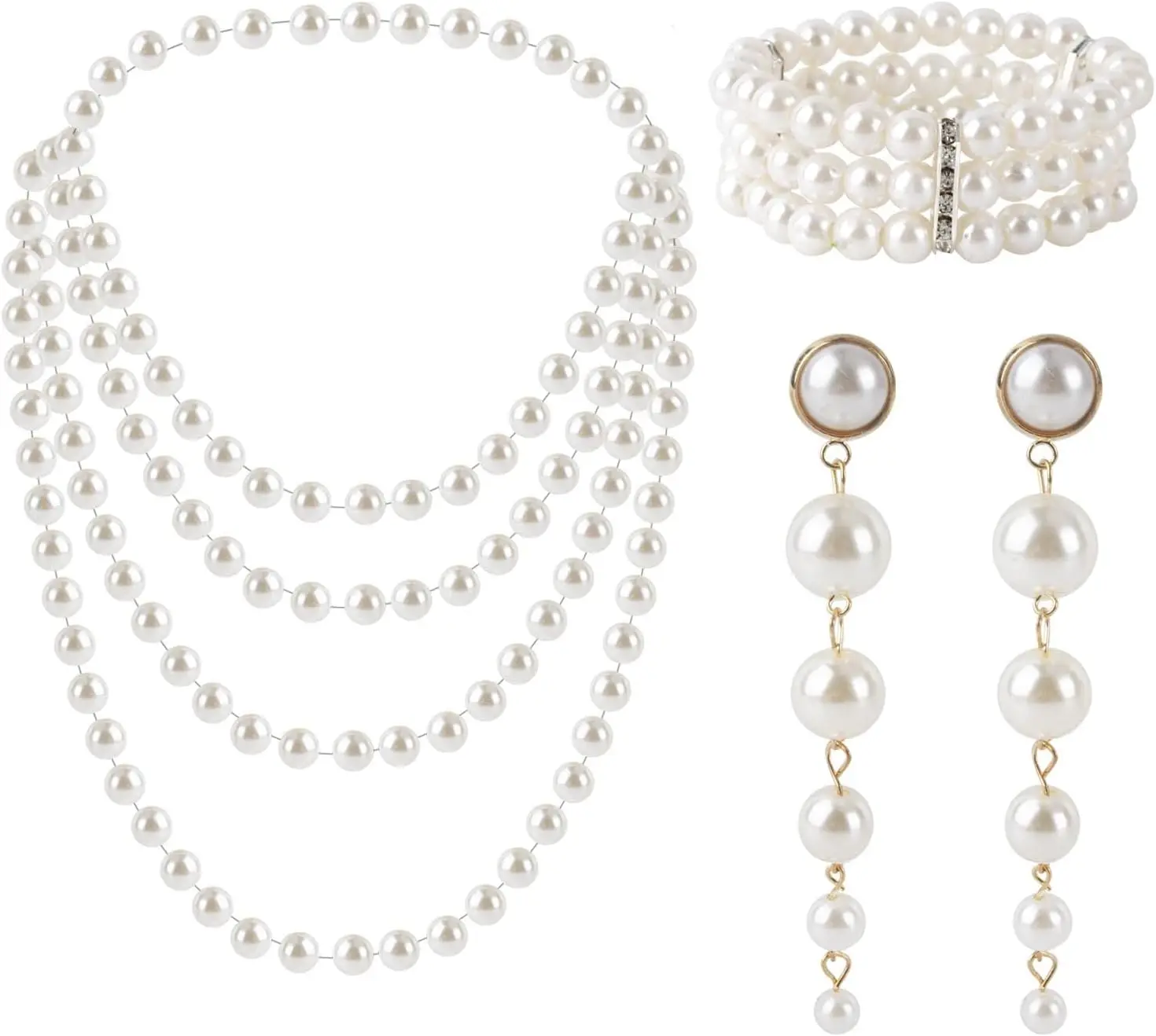 Faux Pearl Set - Long Dangle Earrings, 3 Row Stretch Bracelet, 1920 Pearl Necklace - Party Prom Wedding Festival Set (3 PCS)
Faux Pearl Set - Long Dangle Earrings, 3 Row Stretch Bracelet, 1920 Pearl Necklace - Party Prom Wedding Festival Set (3 PCS)
