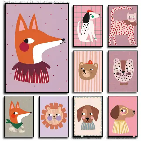 Cute Cat Fox Dog Horse Bunny Red Polka Dots Poster Self-adhesive Art Room Entrance Restaurant Wall Decor Art Painting