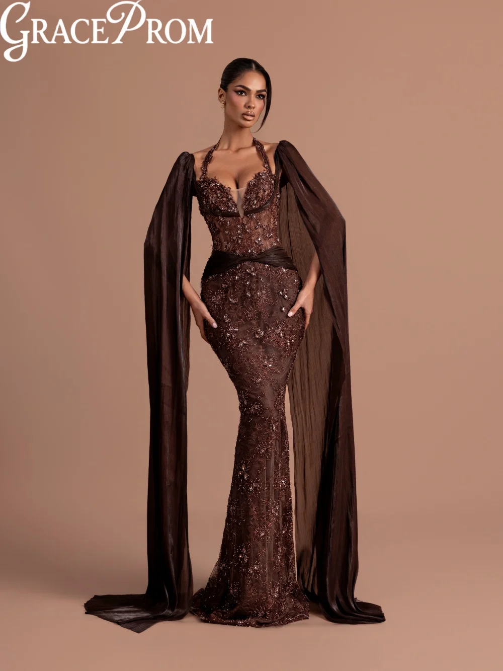 Chic Brown Beaded Lace Evening Dress Sparkling Crystal Halter Wedding Party Gowns Customized Elegant Cape Sleeve Banquet Gowns
Chic Brown Beaded Lace Evening Dress Sparkling Crystal Halter Wedding Party Gowns Customized Elegant Cape Sleeve Banquet Gowns