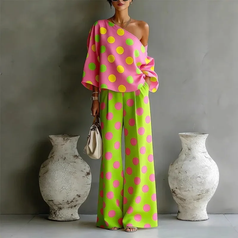 Summer New Color Wave Point Set Women Slant Shoulder Open Back Top+High Waist Wide Leg Pants Vacation Style Loose 2 Piece Suit
Summer New Color Wave Point Set Women Slant Shoulder Open Back Top+High Waist Wide Leg Pants Vacation Style Loose 2 Piece Suit