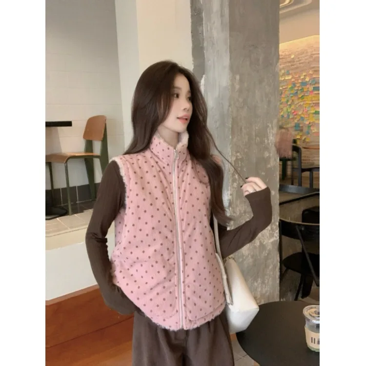 Розовый жилет из овечьей шерсти с воротником-стойкой, двусторонний, вельветовый, в горошек, универсальная верхняя одежда для молодых женщин
Розовый жилет из овечьей шерсти с воротником-стойкой, двусторонний, вельветовый, в горошек, универсальная верхняя одежда для молодых женщин