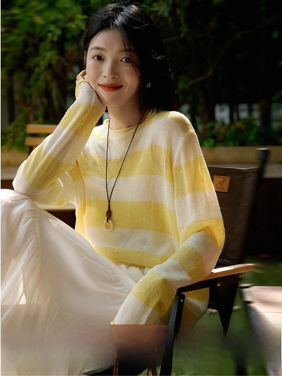 New Summer 26 Silk Blend Loose Fit Striped Knitwear Women's Casual Style Long Sleeve V-Neck Button up Top Comfortable Breathable
New Summer 26 Silk Blend Loose Fit Striped Knitwear Women's Casual Style Long Sleeve V-Neck Button up Top Comfortable Breathable