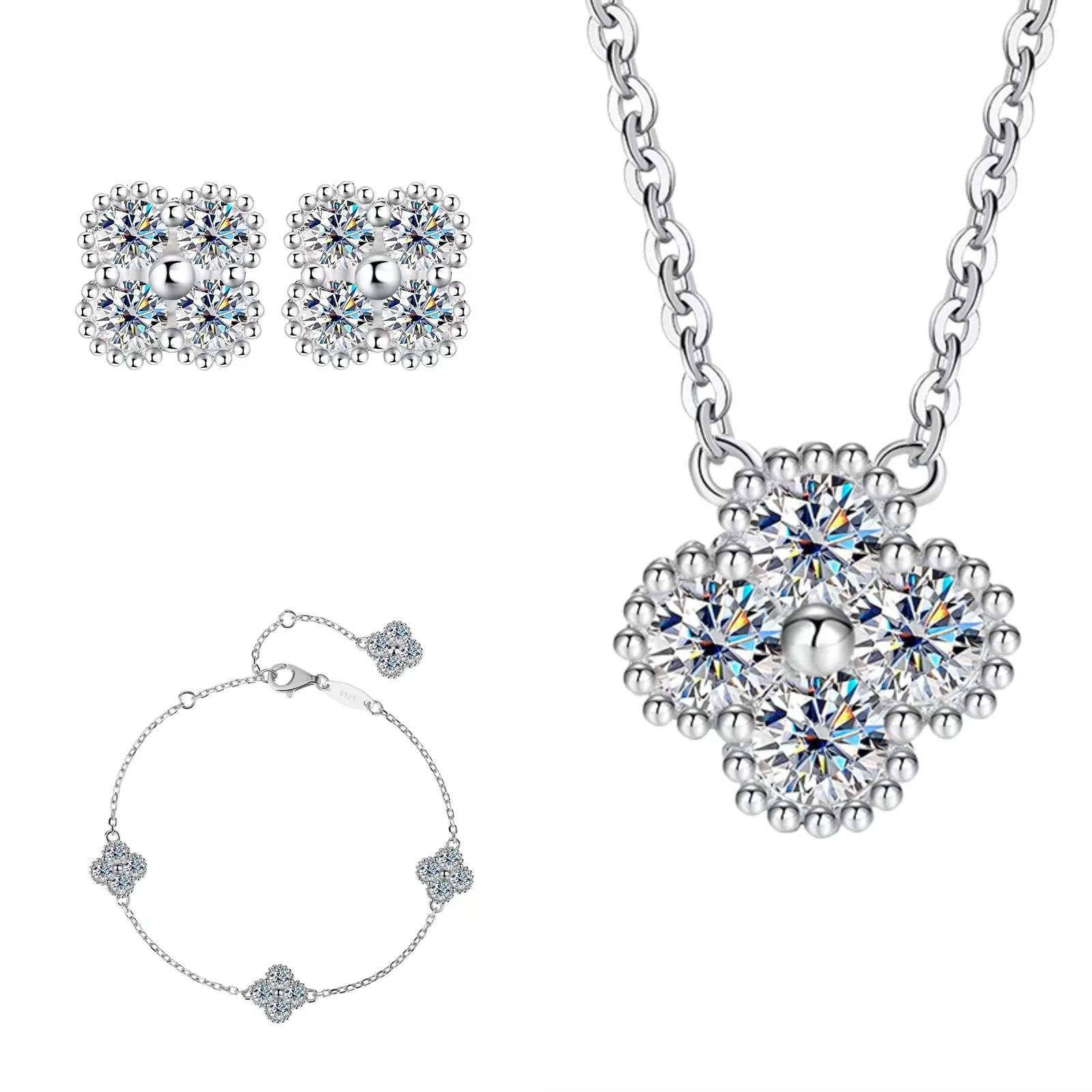 S925 Sterling Silver 4-Leaf Clover Moissanite Women's 3-Piece Jewelry Set, Necklace Bracelet Earrings
S925 Sterling Silver 4-Leaf Clover Moissanite Women's 3-Piece Jewelry Set, Necklace Bracelet Earrings