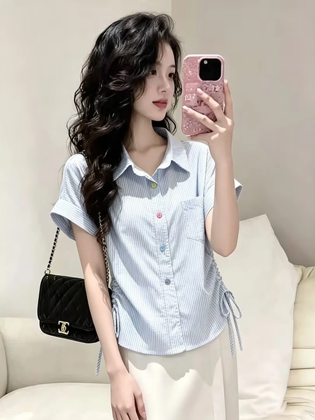 Casual Commute Stripe Short Sleeve Shirt Women's Summer Drawstring Waist Slimming Loose Fit Shirt Business Lady Style
Casual Commute Stripe Short Sleeve Shirt Women's Summer Drawstring Waist Slimming Loose Fit Shirt Business Lady Style