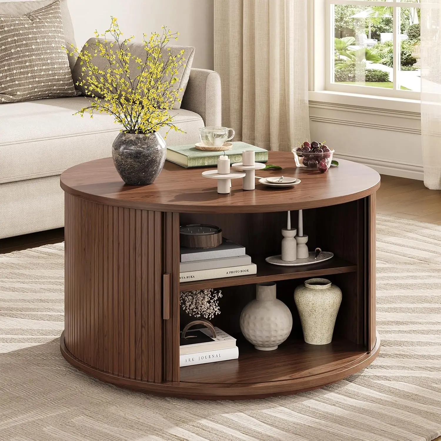 Round Coffee Table Storage Mid Century Center Sliding Dual Hidden Fluted Living Room Small Space Walnut 31.5", Customized
Round Coffee Table Storage Mid Century Center Sliding Dual Hidden Fluted Living Room Small Space Walnut 31.5", Customized