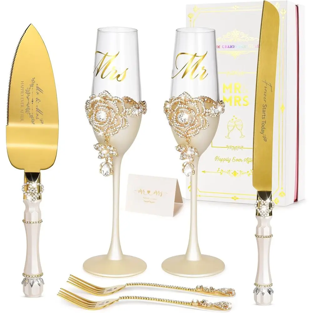Engagement Gifts for Couples: Wedding Cake Knife and Server Set, Luxury Handcrafted Champagne Flutes with Rhinestone Rose and Pe
Engagement Gifts for Couples: Wedding Cake Knife and Server Set, Luxury Handcrafted Champagne Flutes with Rhinestone Rose and Pe