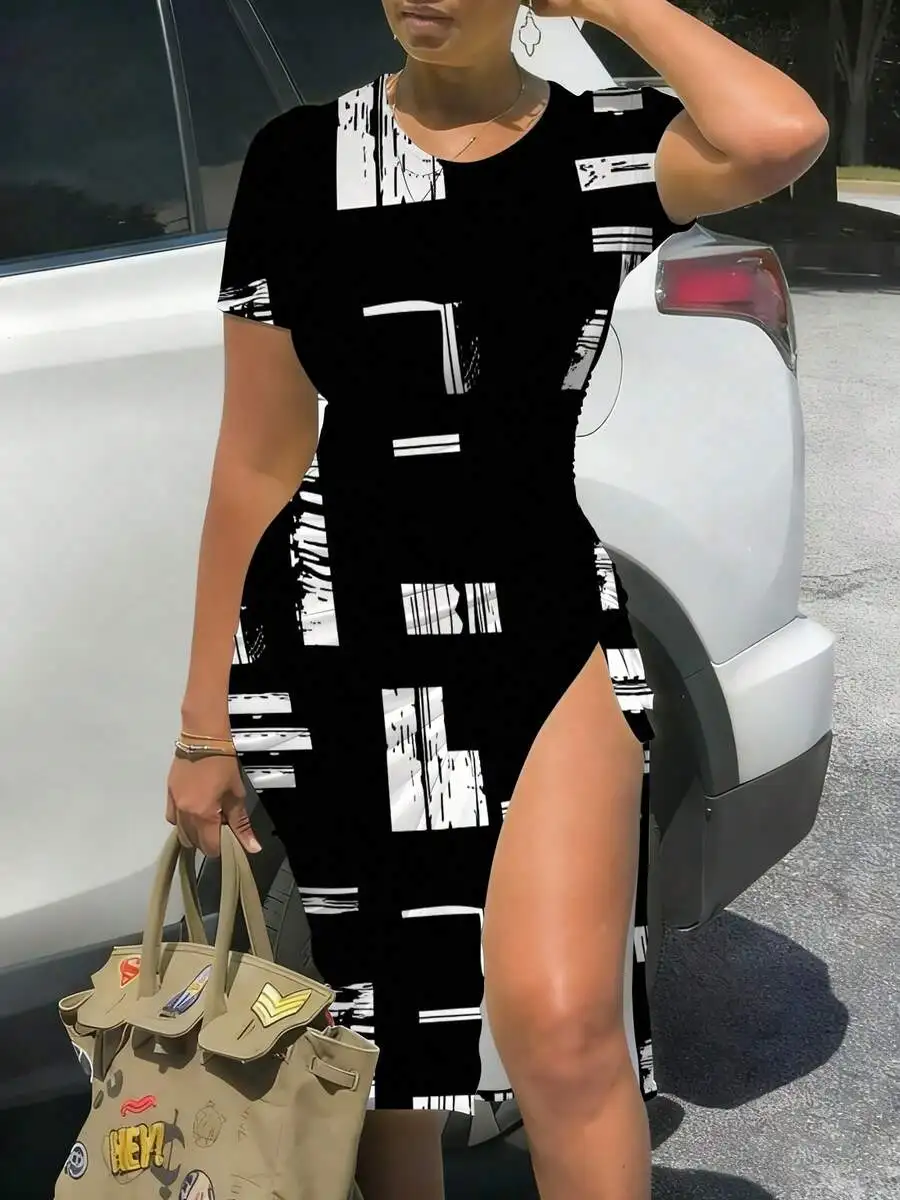 Womens Short Sleeve Fitted Midi Dress With Side Slit Abstract White Stripe Print
Womens Short Sleeve Fitted Midi Dress With Side Slit Abstract White Stripe Print