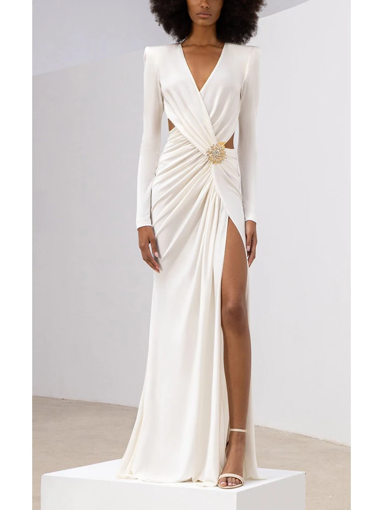 Sexy Long Sleeve V Neck Hollow Out Long Dress Women White/Black Cross Pleated High Split Maxi Dresses Elegant Party Evening Gown
Sexy Long Sleeve V Neck Hollow Out Long Dress Women White/Black Cross Pleated High Split Maxi Dresses Elegant Party Evening Gown
