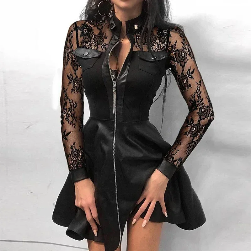 Sexy Sheath Dress Women Zipper Pockets Lace Long Sleeve Patchwork Party Dresses Elegant Stand Neck Button Slim Female Vestidos
Sexy Sheath Dress Women Zipper Pockets Lace Long Sleeve Patchwork Party Dresses Elegant Stand Neck Button Slim Female Vestidos