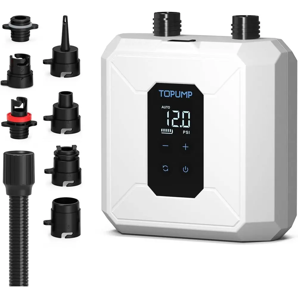 Portable Electric SUP Pump, 20 PSI Rechargeable with Auto-Off, Dual-Stage Inflation & 7 Nozzles for Boards, Boats, Tents
Portable Electric SUP Pump, 20 PSI Rechargeable with Auto-Off, Dual-Stage Inflation & 7 Nozzles for Boards, Boats, Tents