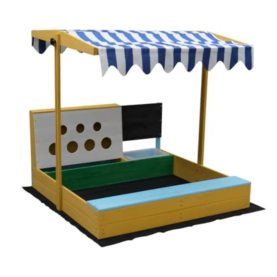 Wooden Sandbox with Retractable Canopy, Blue and White Striped Roof, Outdoor Play Set with Chalkboard and Activity Panel
Wooden Sandbox with Retractable Canopy, Blue and White Striped Roof, Outdoor Play Set with Chalkboard and Activity Panel
