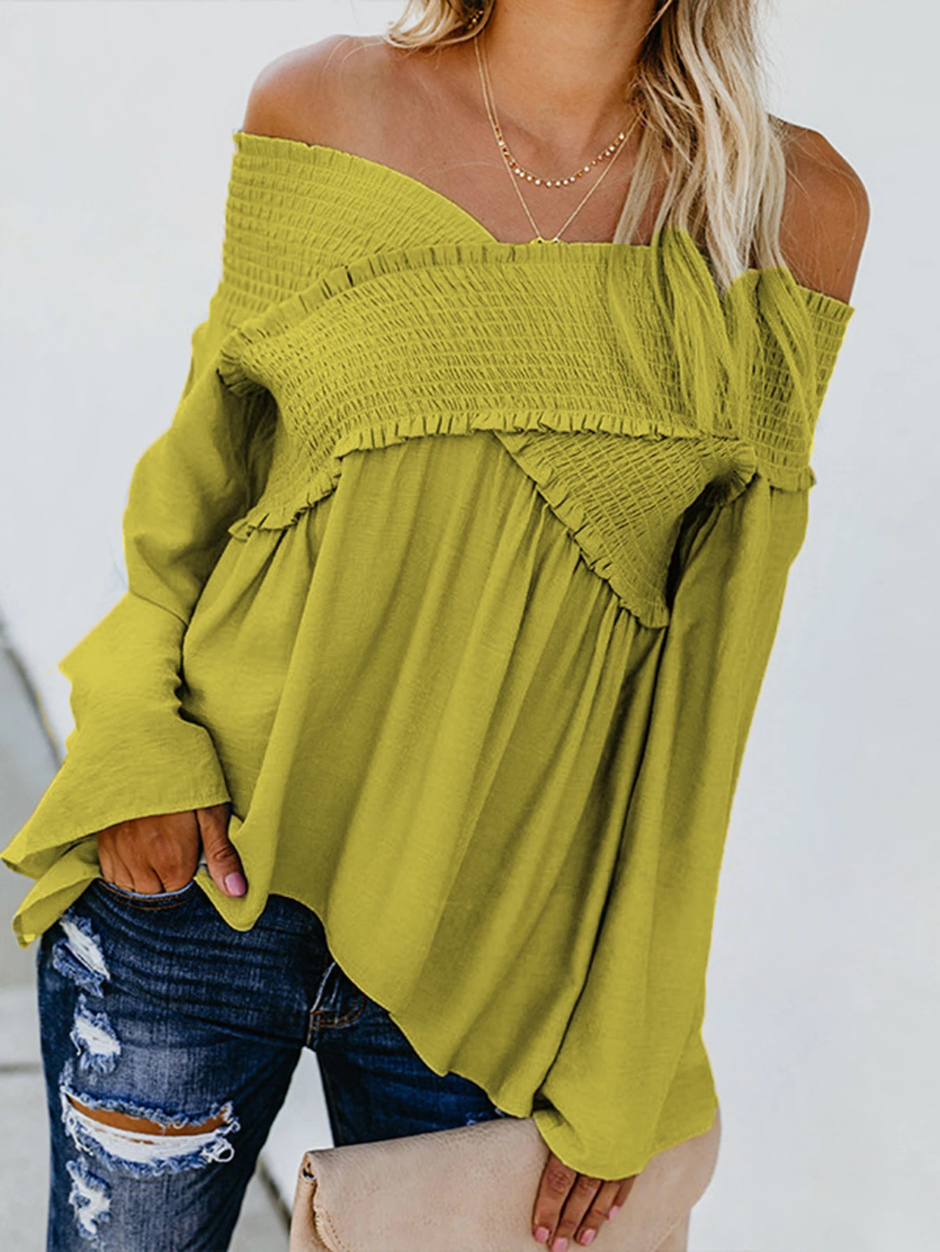 Women's Casual Long Sleeve T-Shirts Korean Smocking Flounce Off-Shoulder Top Autumn Daily Wear
Women's Casual Long Sleeve T-Shirts Korean Smocking Flounce Off-Shoulder Top Autumn Daily Wear