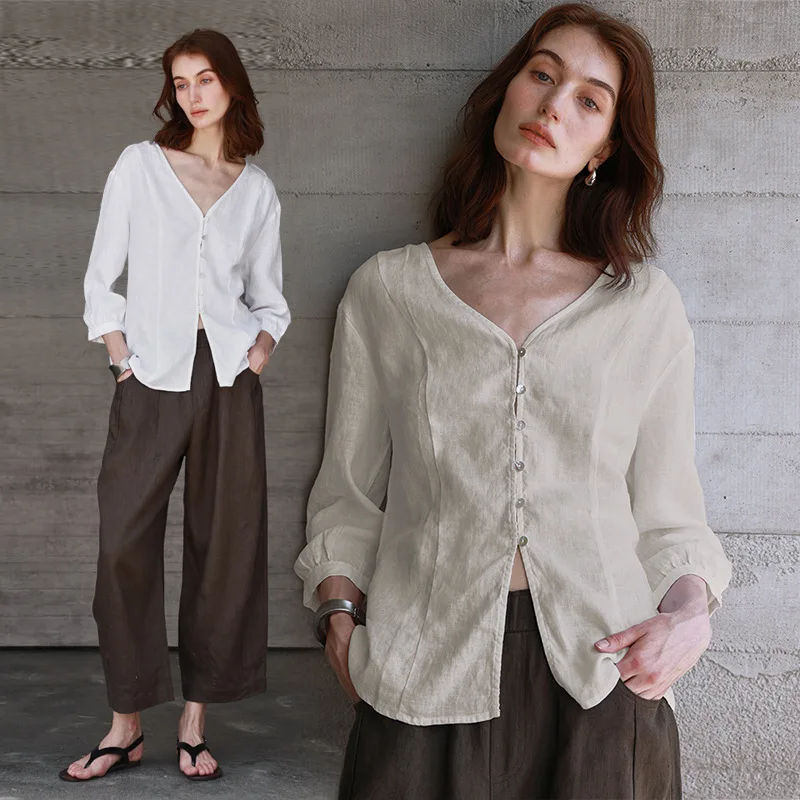 Женские рубашки в стиле ретро, однобортная блузка из 100% льна с рукавом три четверти и v-образным вырезом, весна-лето, легкие уличные топы
Женские рубашки в стиле ретро, однобортная блузка из 100% льна с рукавом три четверти и v-образным вырезом, весна-лето, легкие уличные топы