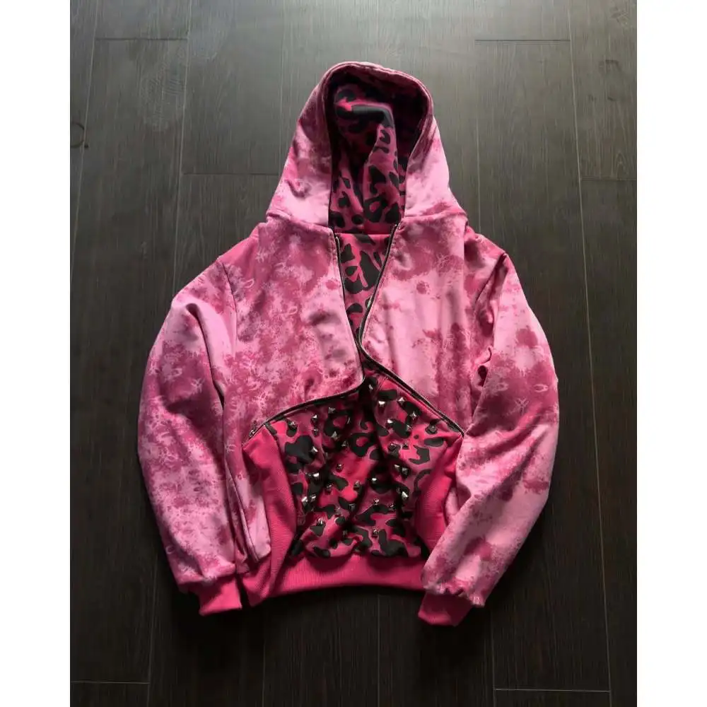 Double sided pink leopard print hooded sweatshirt with rivet decoration, high street niche design, zipper cardigan
Double sided pink leopard print hooded sweatshirt with rivet decoration, high street niche design, zipper cardigan