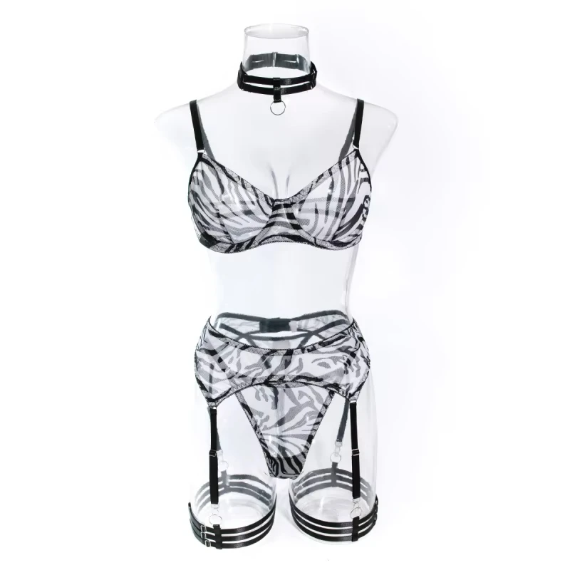 Bikini with mesh, zebra print, sheer underwire, sexy swimsuit with neck ring, four-piece set
Bikini with mesh, zebra print, sheer underwire, sexy swimsuit with neck ring, four-piece set