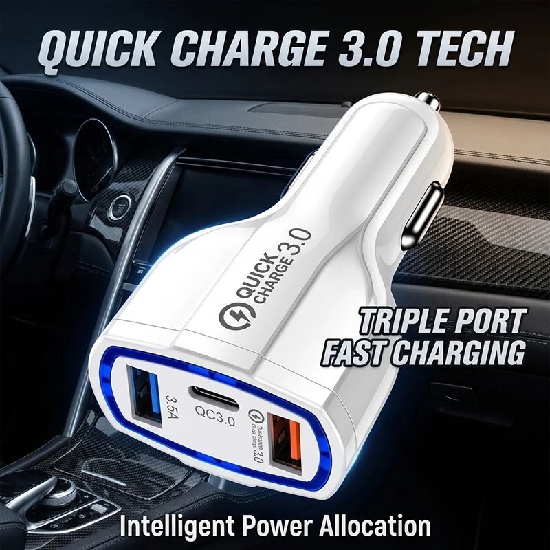 Fast Charging 3-Port Car Adapter QC 3.0 7A High Power Type C USB Vehicle Phone Charger With Smart Chip 12V-32V Broad Fit
Fast Charging 3-Port Car Adapter QC 3.0 7A High Power Type C USB Vehicle Phone Charger With Smart Chip 12V-32V Broad Fit