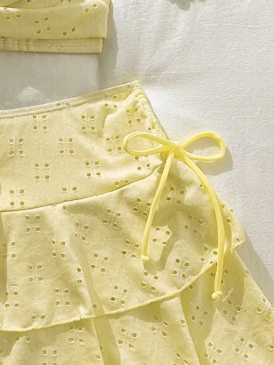 Womens 3-Piece Beach Swimsuit Set: Knit Top With Criss-Cross Front, Double-Layer Cake Skirt With Bow
Womens 3-Piece Beach Swimsuit Set: Knit Top With Criss-Cross Front, Double-Layer Cake Skirt With Bow