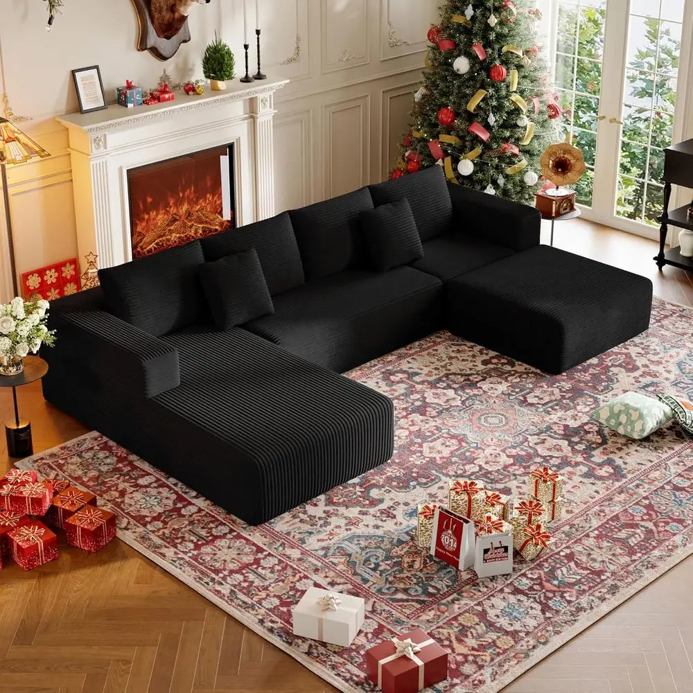 U-Shaped Cloud Couch with Chaise, 4-Seat Sectional Sofa in Corduroy, Black with Left Chaise and Ottoman
U-Shaped Cloud Couch with Chaise, 4-Seat Sectional Sofa in Corduroy, Black with Left Chaise and Ottoman