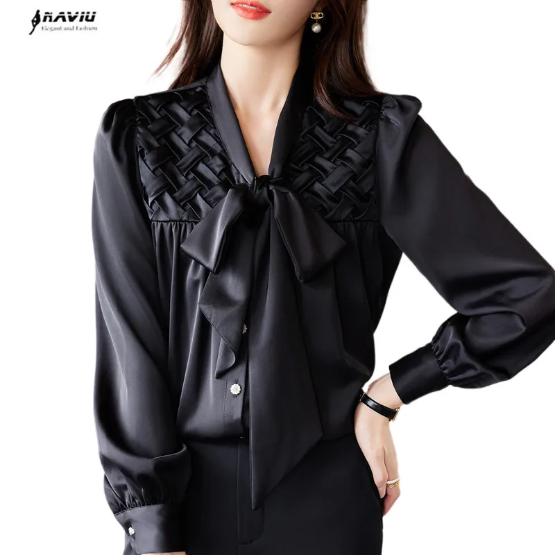 NAVIU Black Bow Shirt Women Autumn 2023 New Tops High End Satin Long Sleeve Temperament V Neck Formal Loose Blouses
NAVIU Black Bow Shirt Women Autumn 2023 New Tops High End Satin Long Sleeve Temperament V Neck Formal Loose Blouses