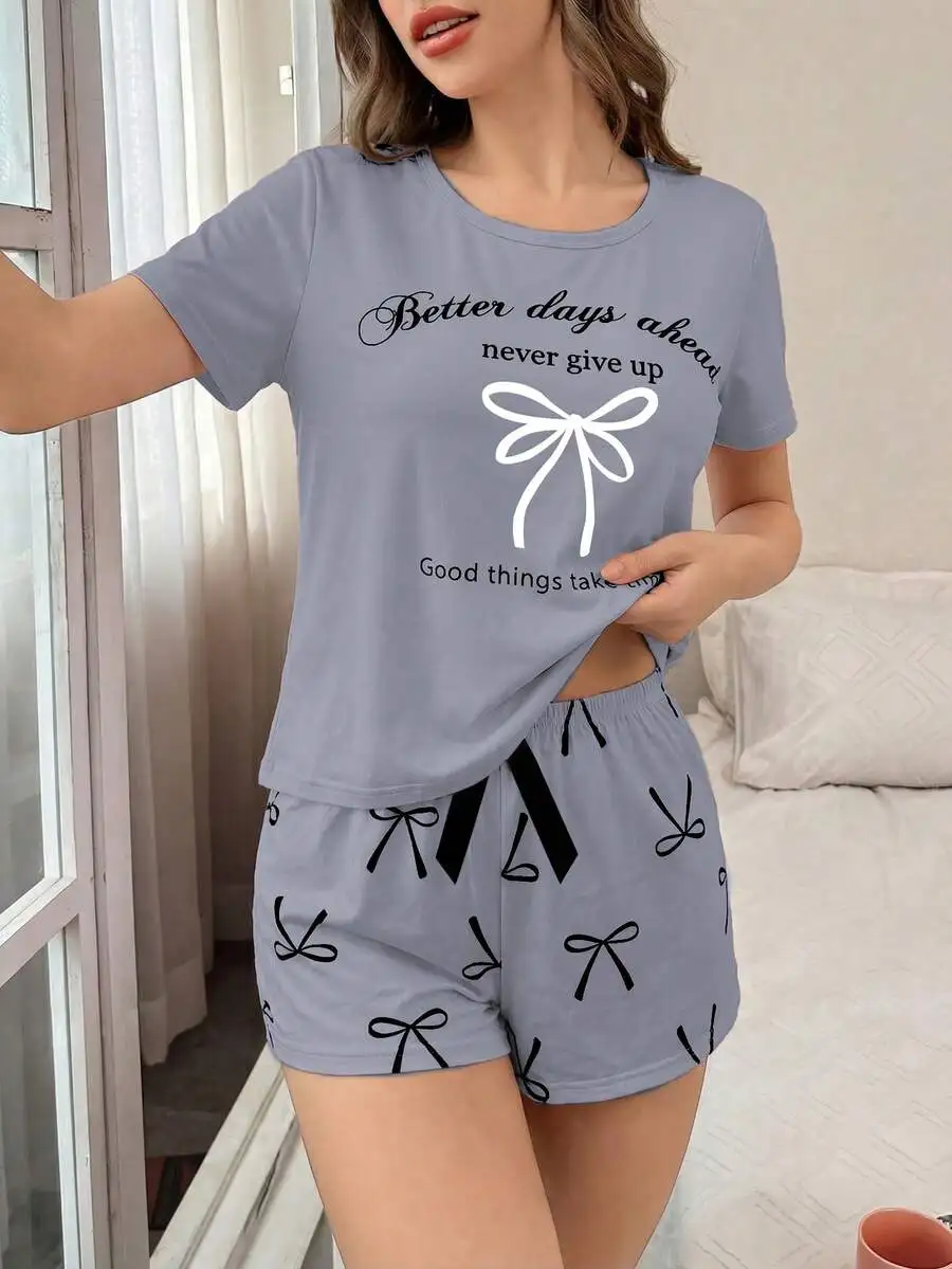 Bow And Letter Print Short Sleeve Pajama Set For Women
Bow And Letter Print Short Sleeve Pajama Set For Women