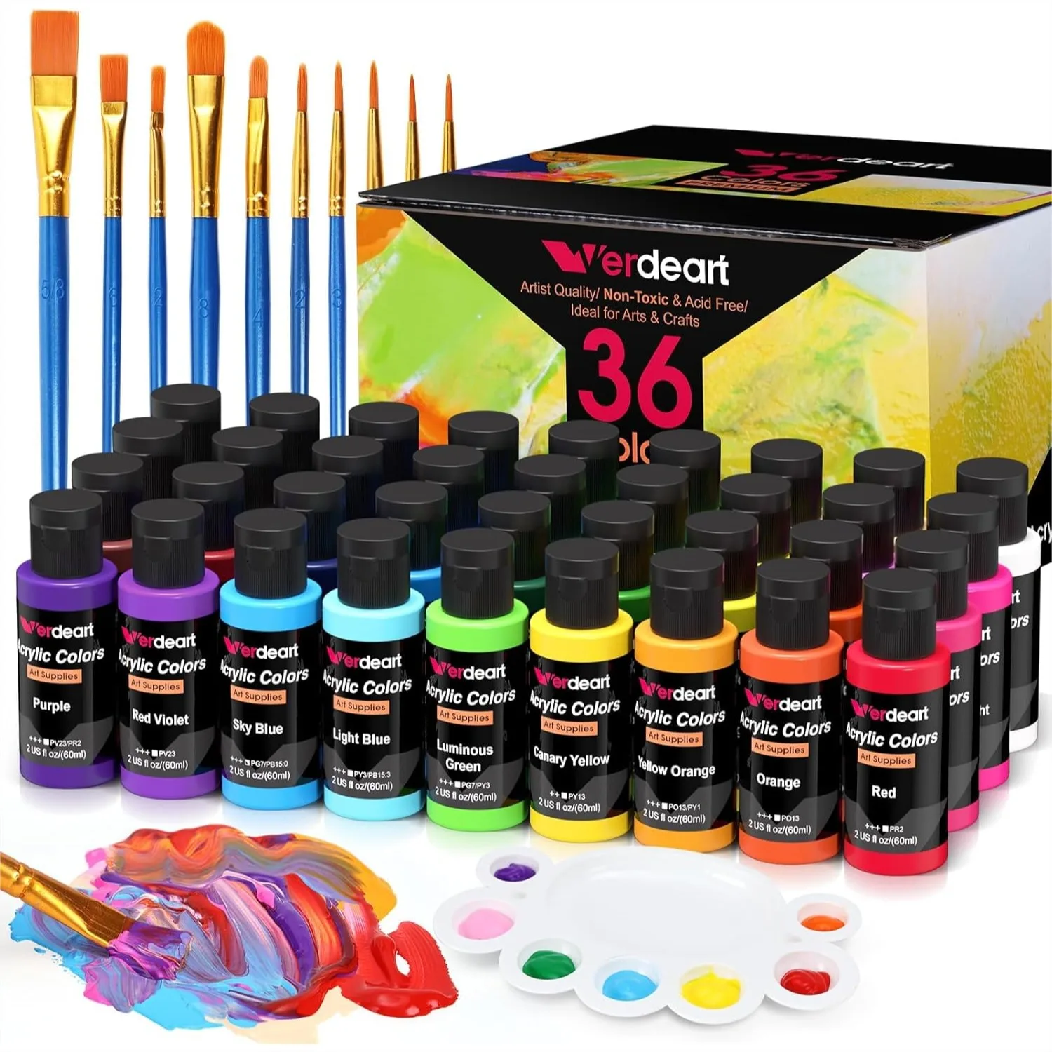 36 Color Acrylic Paint Set with 10 Brushes for Canvas Wood Glass Ceramic Art Supplies
36 Color Acrylic Paint Set with 10 Brushes for Canvas Wood Glass Ceramic Art Supplies