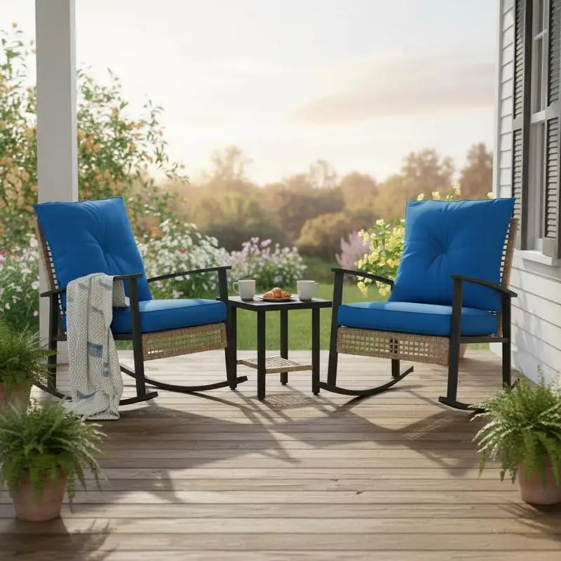 3 Pieces Bistro Set, Patio Wicker Furniture Set with Button Tufted Cushions, Rattan Rocking Chairs, Coffee Table, Blue